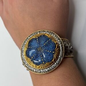 Amy Kahn‎ Russell Mixed Metal Bronze Finish Blue Round Medallion Cuff Bracelet